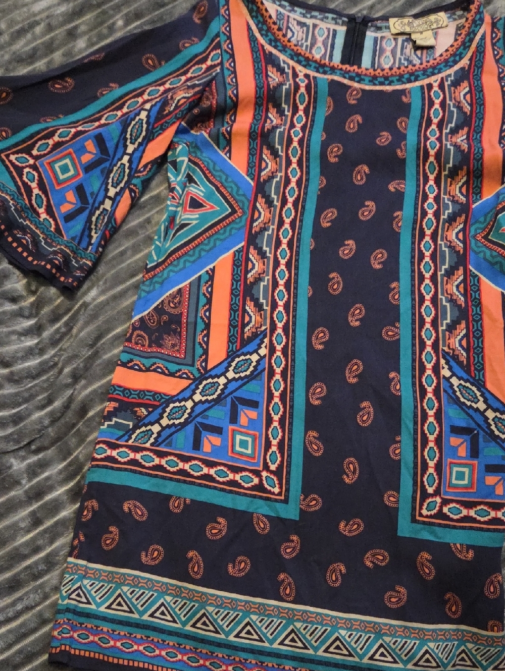 Flying Tomato Navy Short Sleeve Shirt with Orange & Teal Geometric Print